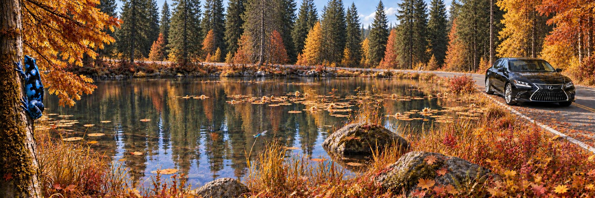 A blue and black frog climbs a tree beside a fall pond as a black Lexus follows the winding road