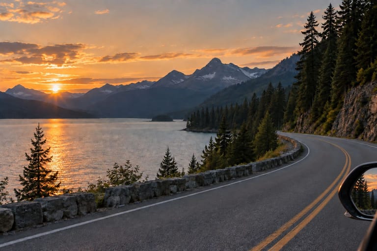 A winding mountain road beside a lake at sunset
