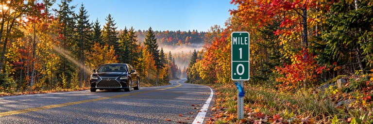 A green highway mile marker reading MILE 1.0 stands beside a fall forest road at sunrise, with a blue frog clinging to its post and a black Lexus sedan approaching in its lane.