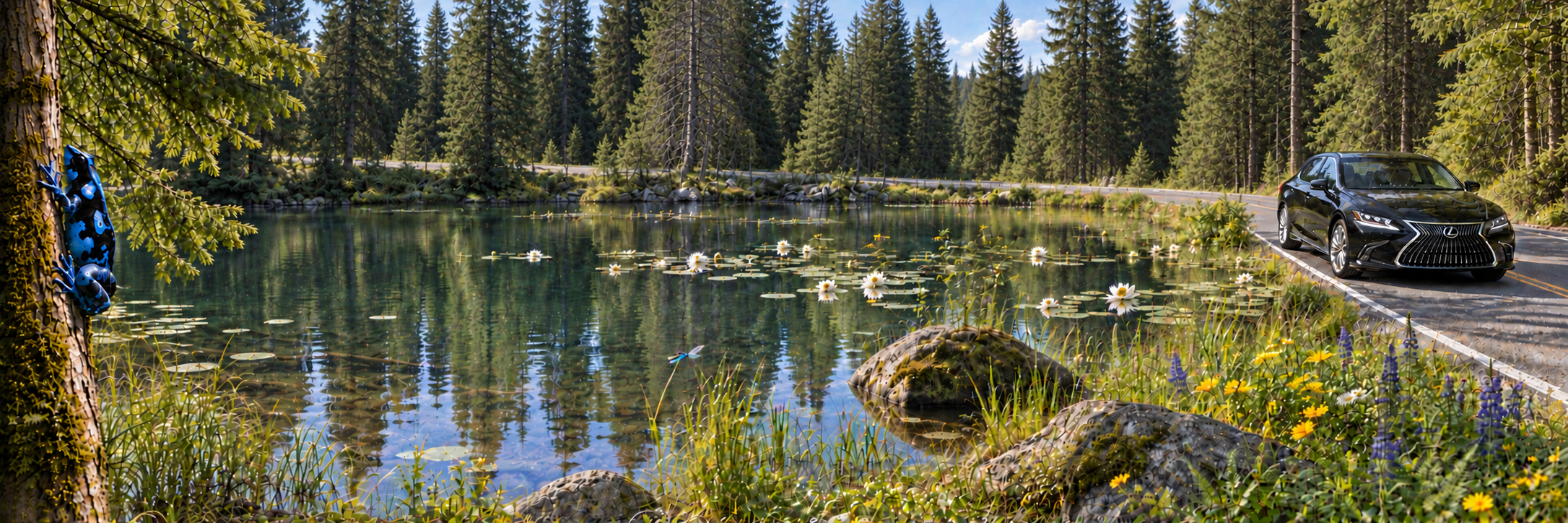 A winding road through evergreen mountains