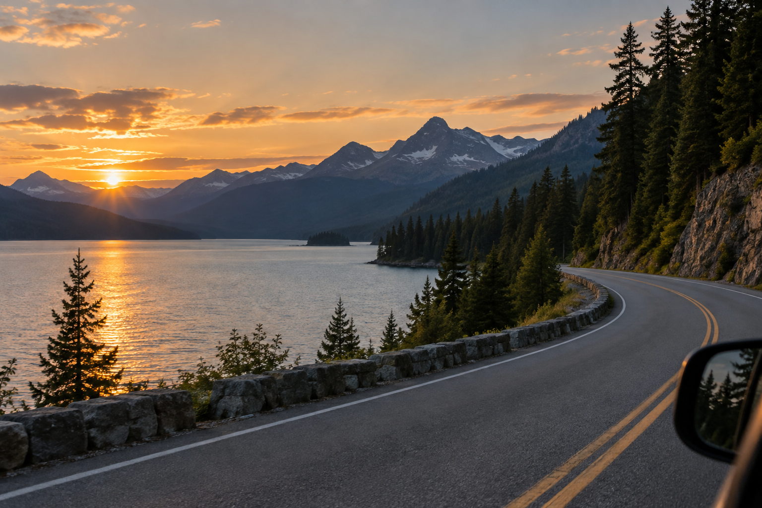 A winding mountain road beside a lake at sunset